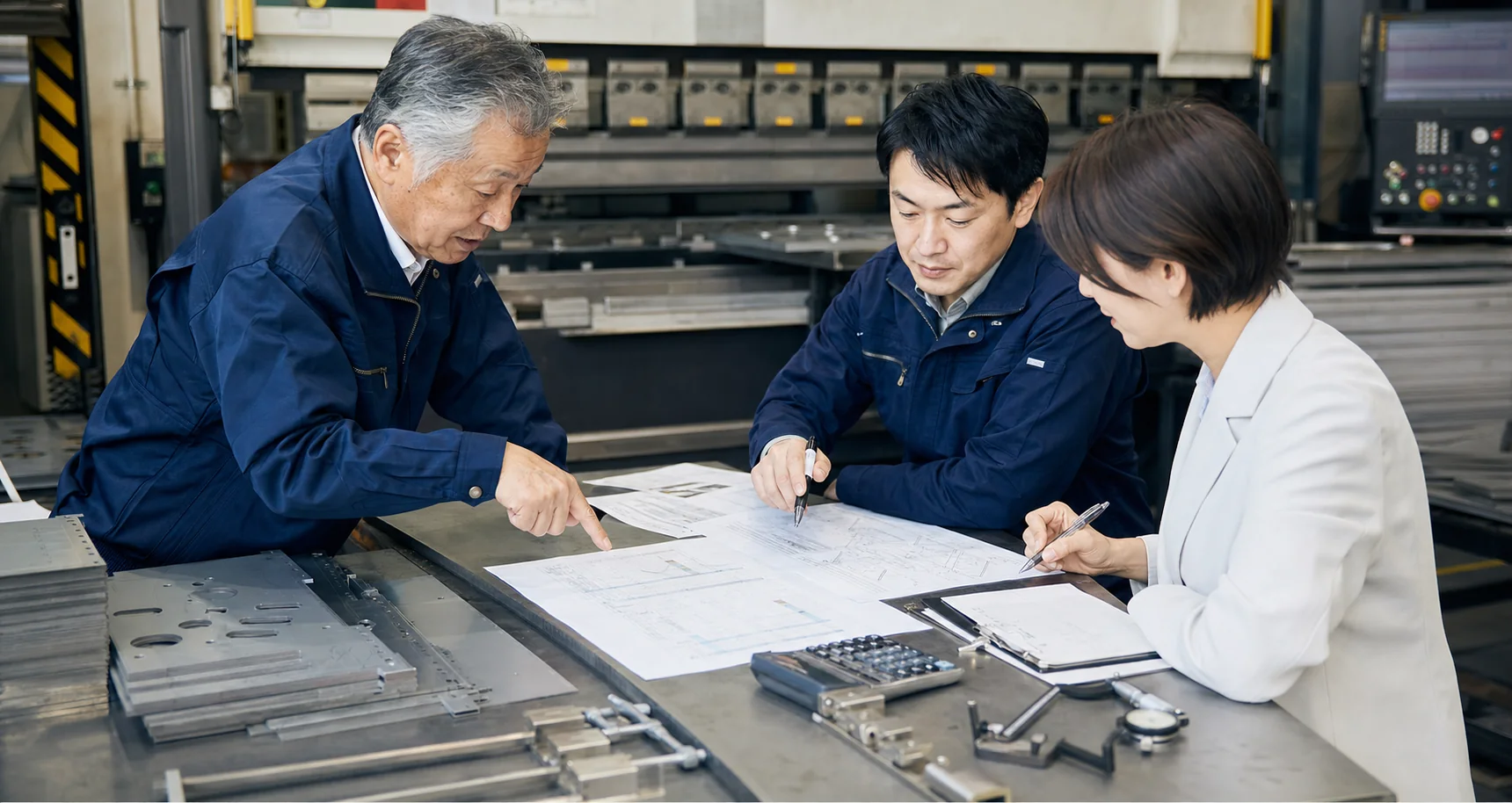 板金加工工場で図面を確認する様子