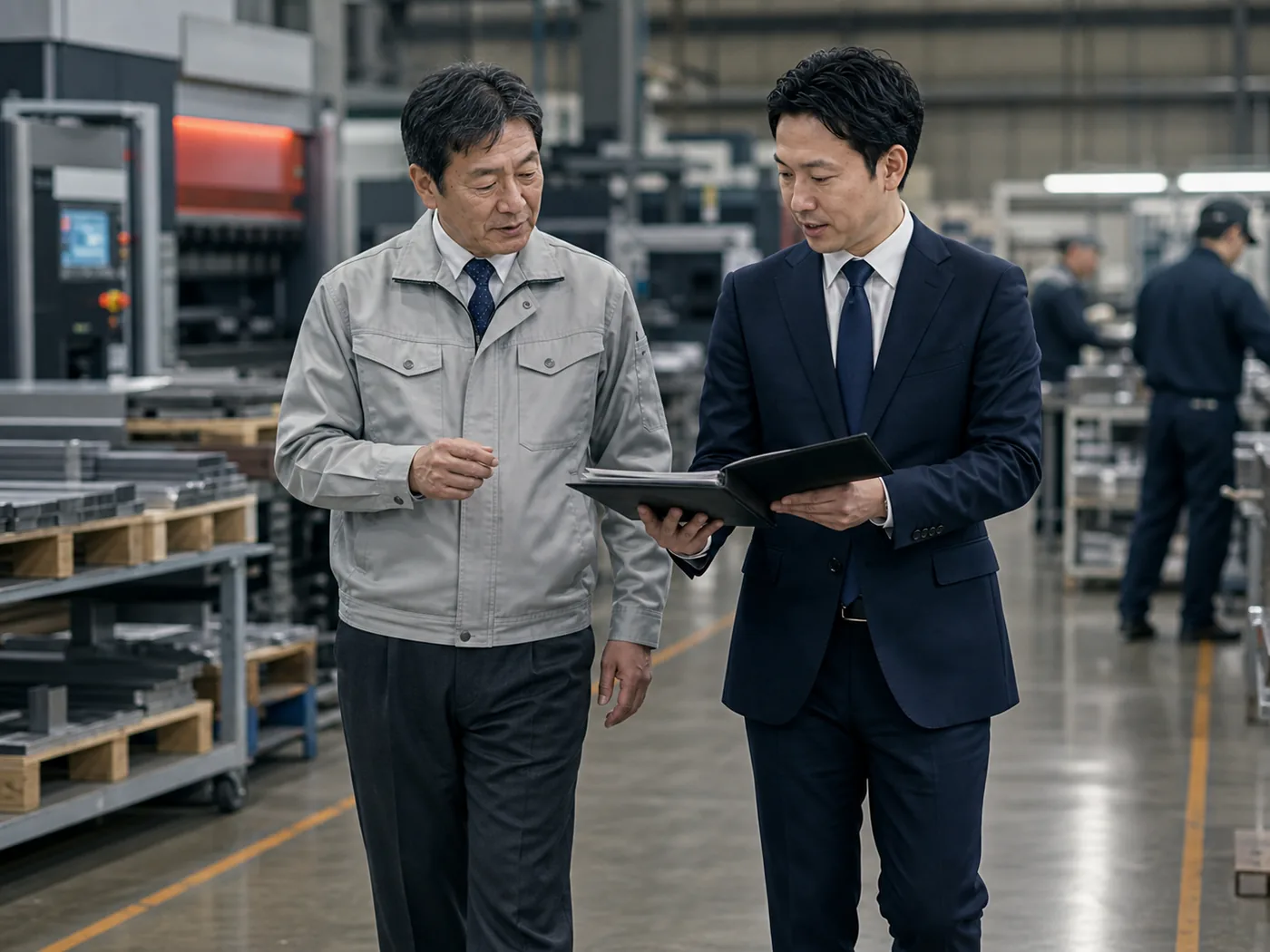 板金工場の通路で経営者とアドバイザーが現場を確認している写真