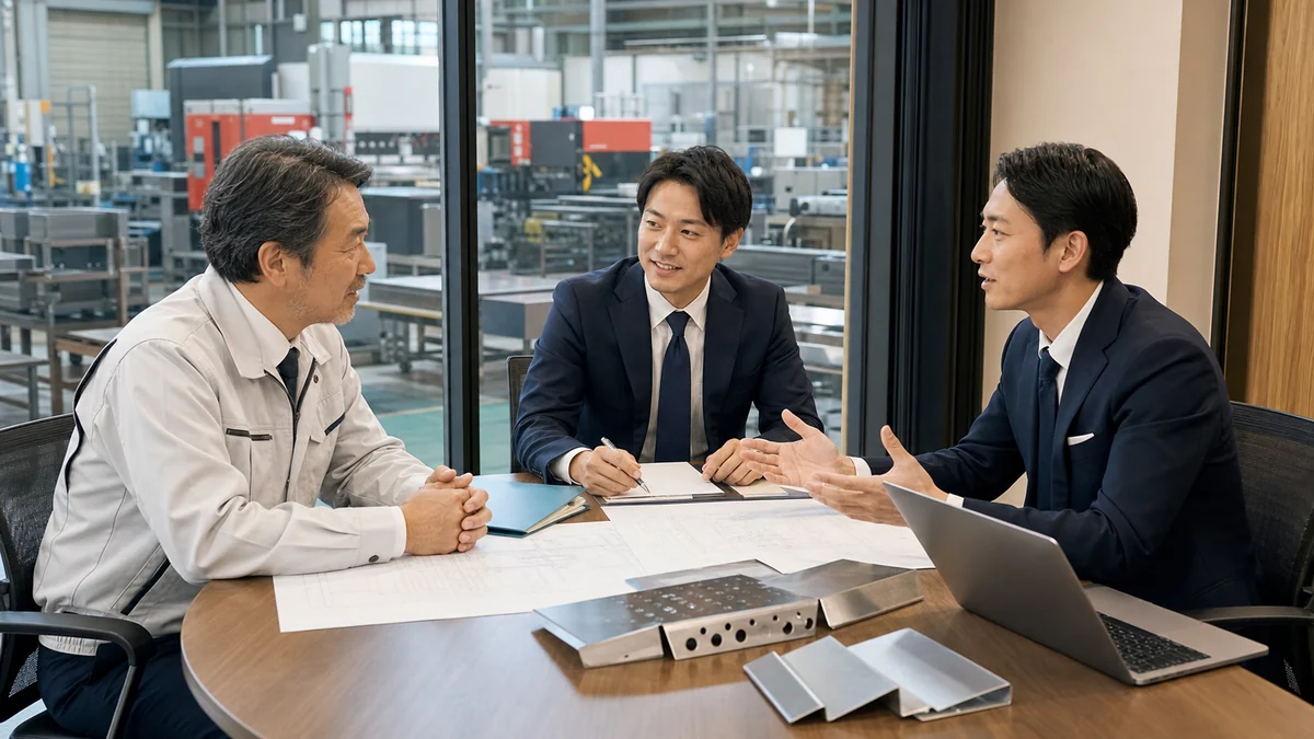 板金加工会社の譲渡候補先と秘密保持前提で面談する経営者とアドバイザー