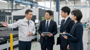 板金加工会社の譲渡候補先が工場設備を視察する面談風景