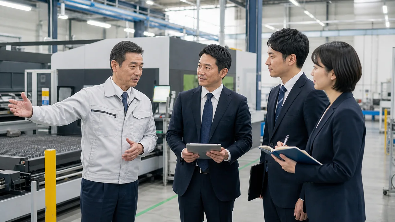 板金加工会社の譲渡候補先が工場設備を視察する面談風景