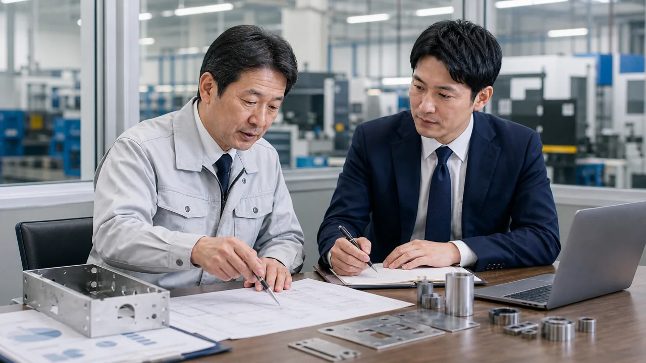 板金加工会社の経営者とM&Aアドバイザーが事業承継資料を確認する相談風景