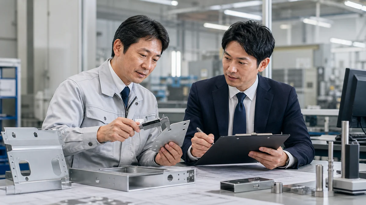 板金加工会社の品質検査体制を確認する経営者とM&Aアドバイザー